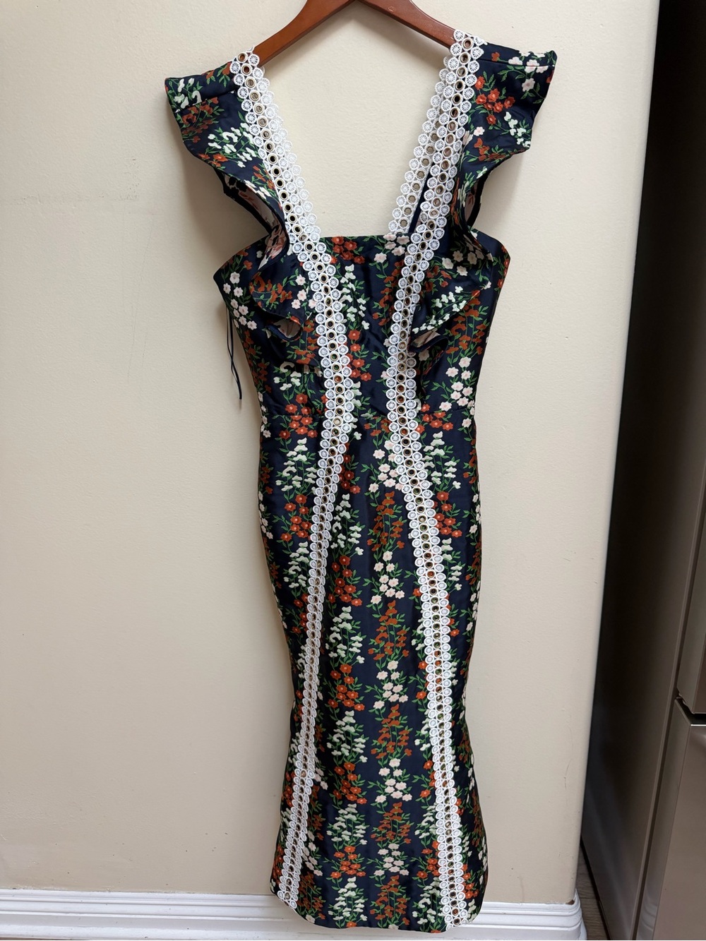 NWT Keepsake Floral Lace-Trim Navy Midi Dress